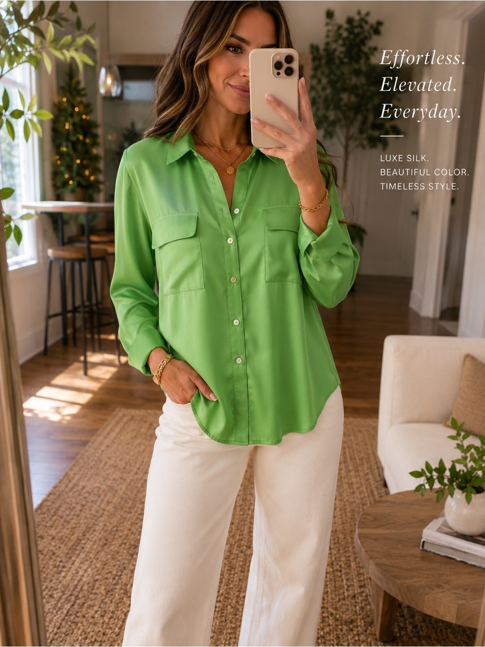 NOUVELLE SILK95FIVE Green Silk Button Down Washable Shirt Top Small Stretch Lime